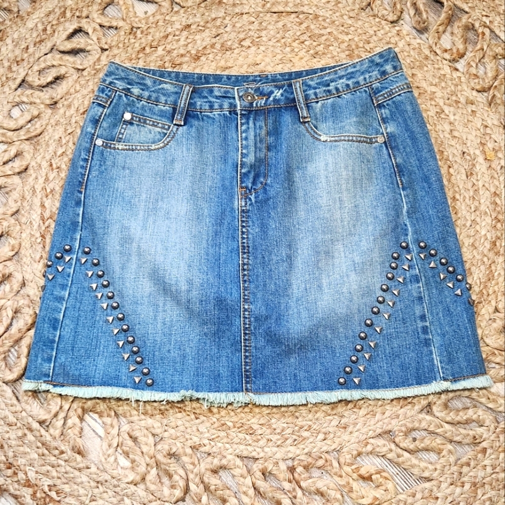 Stetson Womens 10 Jean Denim Studded Mini Skirt Mid Rise Fray Hem